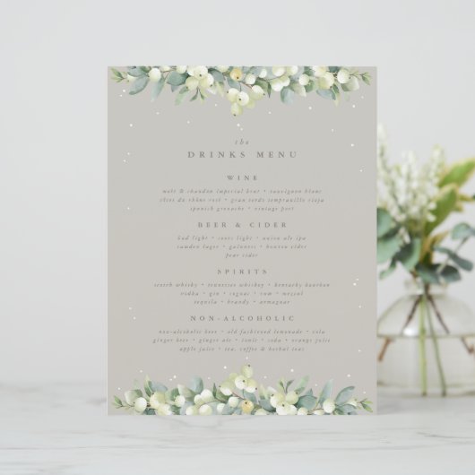 Menu des boissons de mariage Greige Snowberry+Euca (Debout devant)