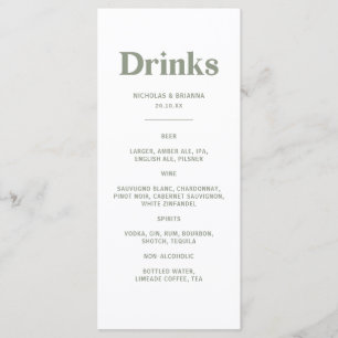 Menu des boissons de mariage vert sauge Bohème Rét