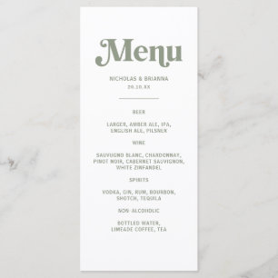 Menu des boissons de mariage vert sauge rétro boho