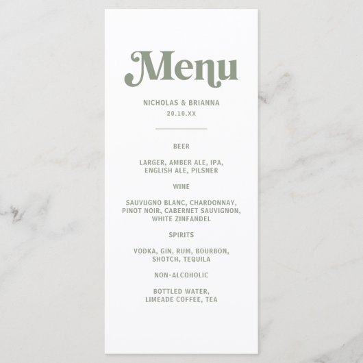 Menu des boissons de mariage vert sauge rétro boho (Devant)