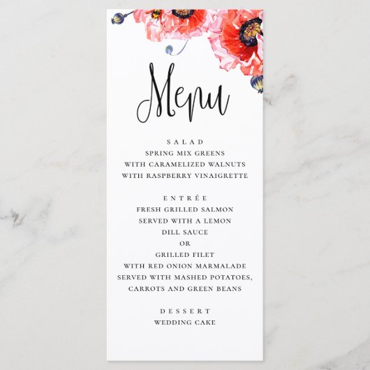 Menu Des fleurs de pavots. Mariage floral rouge aquarel (Devant)