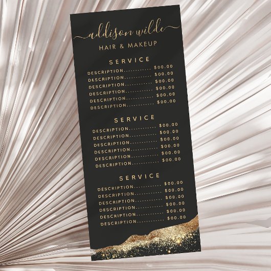 Menu des prix avec écriture scintillante noire et 