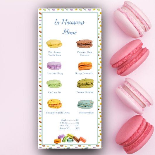 Menu des prix des saveurs de boulangerie de Macaro