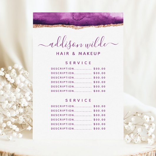 Menu des prix du service aquarelle violet et or