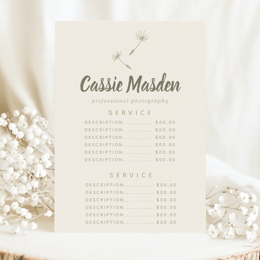 Menu des prix du service botanique rustique de gra