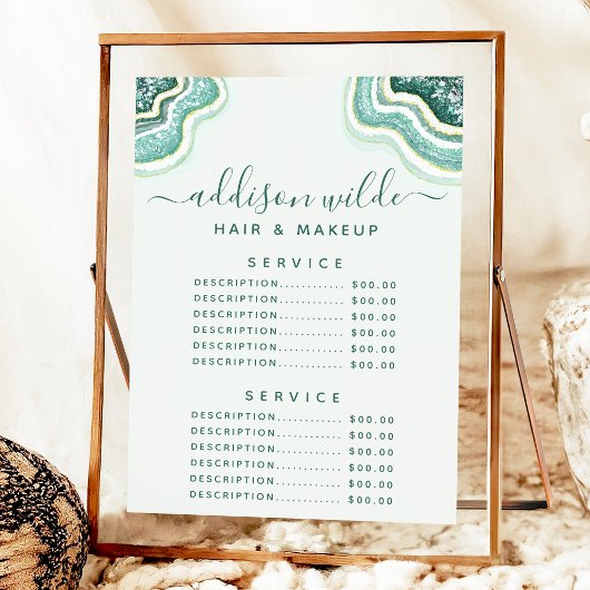 Menu des prix du service de géode d'agate pailleté