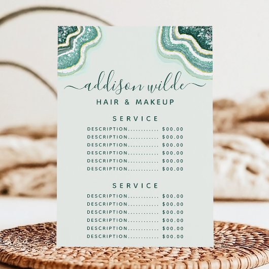 Menu des prix du service de géode d'agate pailleté