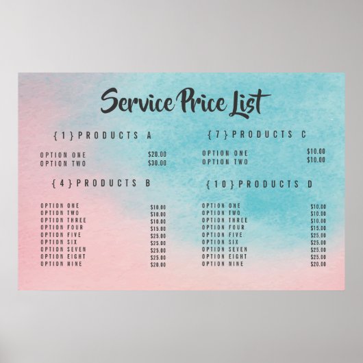 Menu des prix du service d'ombre affiche imprimée (Devant)