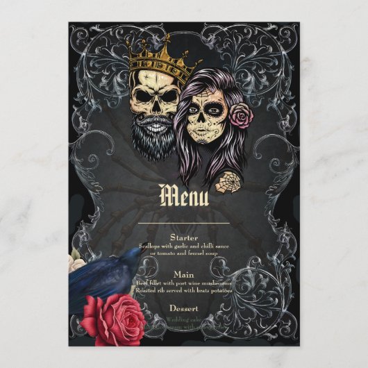 Menu Design mariage gothique foncé avec crânes (Devant)