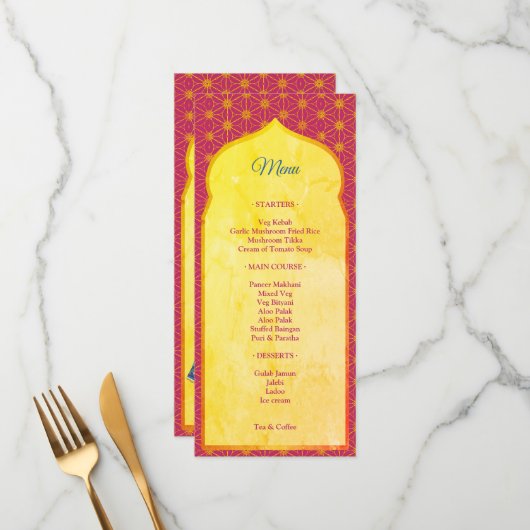 Menu Design rose et or frontière mariage indien (Devant/Arrière en situation)