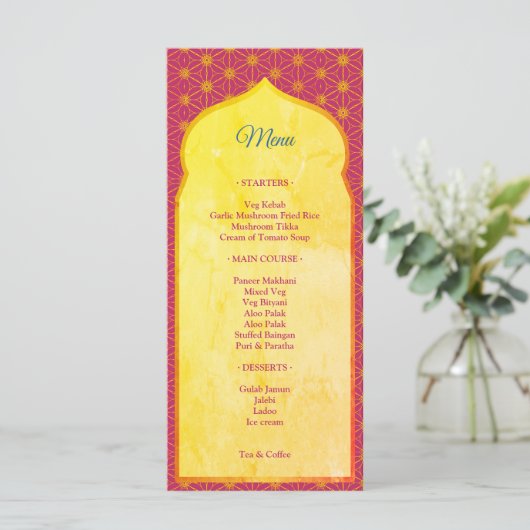 Menu Design rose et or frontière mariage indien (Debout devant)