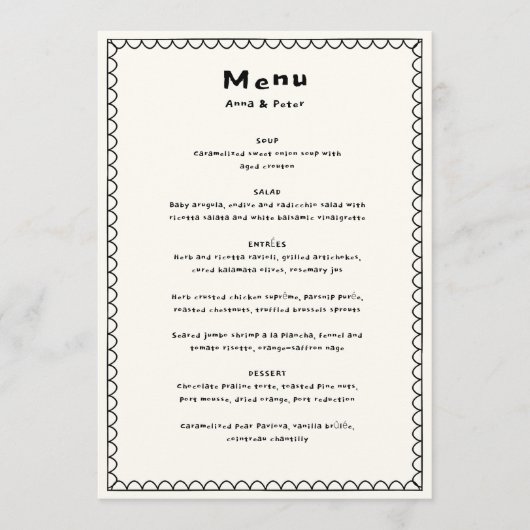 Menu Dessin manuscrit Mariage noir et blanc (Devant)