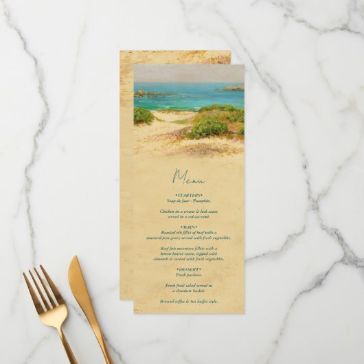 Menu Destination de mariage côtier plage aquarelle (Devant/Arrière en situation)