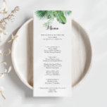 Menu Destination Végétal Tropical Dîner De Calligraphie<br><div class="desc">Cette carte de dîner calligraphie tropicale de destination est parfaite pour un mariage moderne. Le design se compose de palmiers verts aquarelés peints à la main et de feuilles de bananes soigneusement arrangés en de beaux bouquets. Ce menu peut être utilisé pour une réception de mariage, un dîner de répétition,...</div>