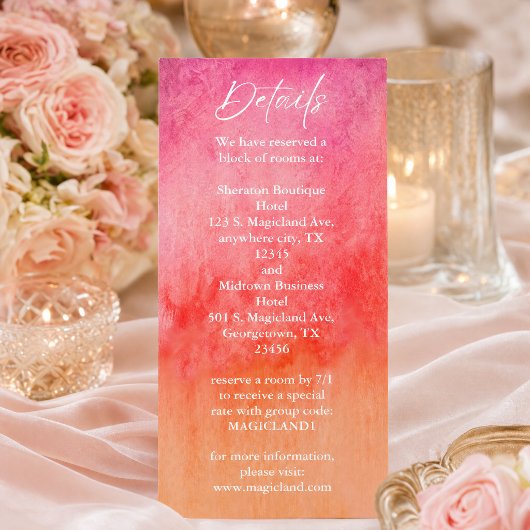 Menu Détails de mariage à l'aquarelle rose chaud et ora