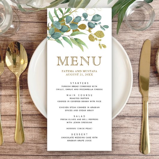 Menu Détails de mariage de branche dorée d'eucalyptus r