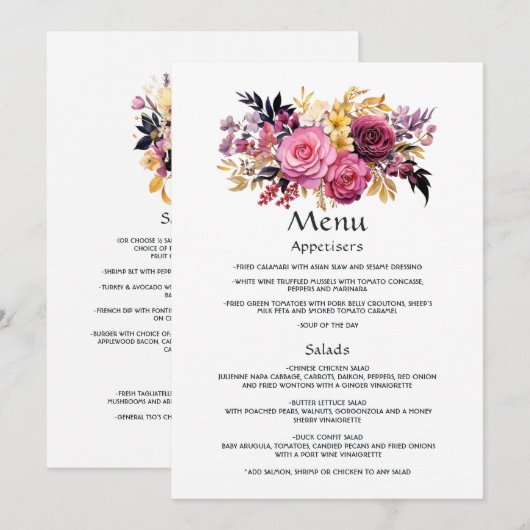 Menu Détails des invités floraux rose, violet, noir et (Devant / Derrière)