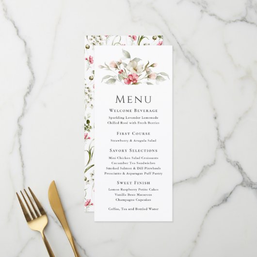 Menu d'événement floral rose féminin (Devant/Arrière en situation)