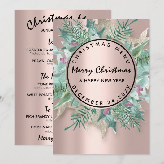 Menu d'hiver de vacances de Noël Eve Fleur Rose (Devant / Derrière)