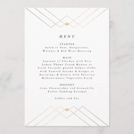 Menu Diamant Or Blanc Géométrique Mariage Gatsby (Devant)