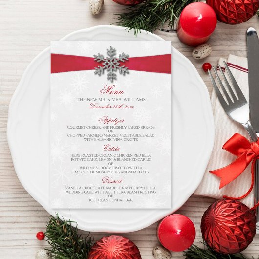 Menu Diamante Flocon de neige et Ruban rouge Mariage d'