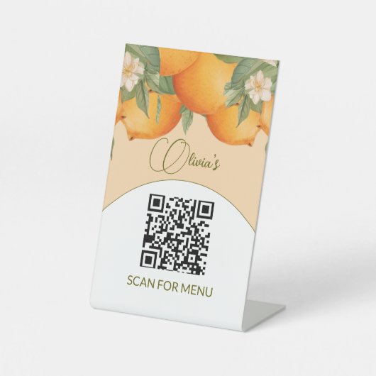 Menu Diensten QR Code Sinaasappel Bloemen Citrus Reclamebord Met Voetstuk (Voorkant)