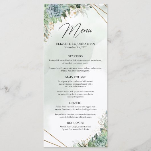 Menu dîner à cadre doré eucalyptus succulent vert (Devant)