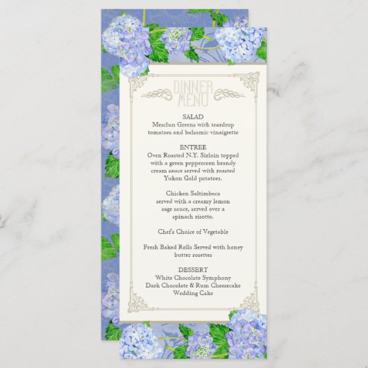 Menu Dîner Blue Hydrangea dentelle Floral Forme (Devant / Derrière)