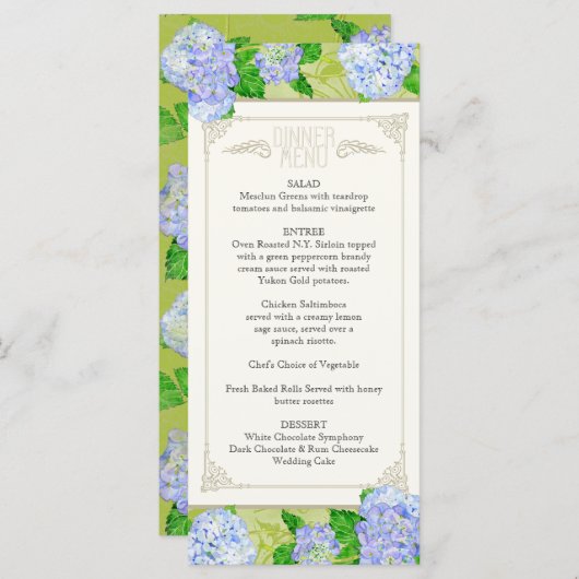 Menu Dîner Blue Hydrangea dentelle Floral Forme (Devant / Derrière)