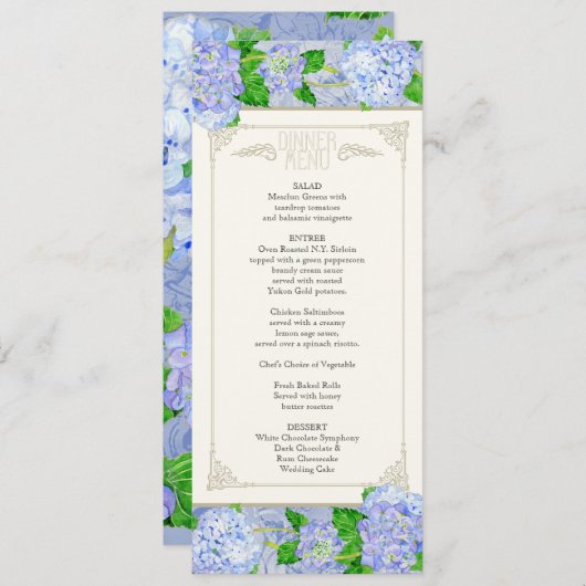 Menu Dîner - Blue Hydrangea dentelle Floral Forme (Devant / Derrière)