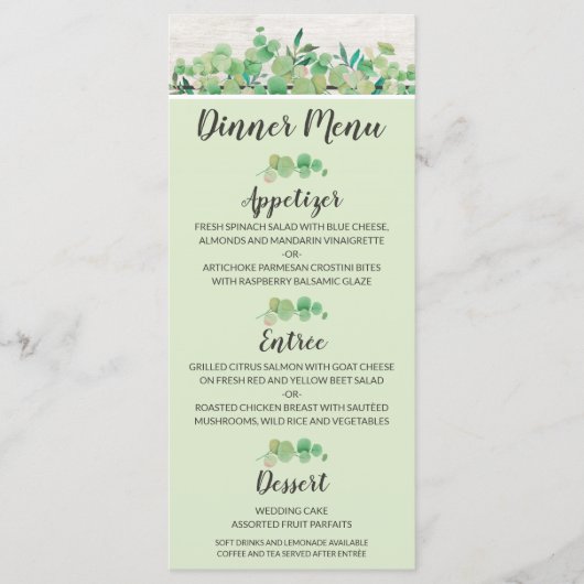 Menu Dîner botanique rustique en bois et feuilles d'euc (Devant)