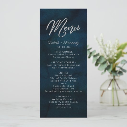 Menu Dîner d'aquarelle bleu foncé de la marine Luster (Debout devant)