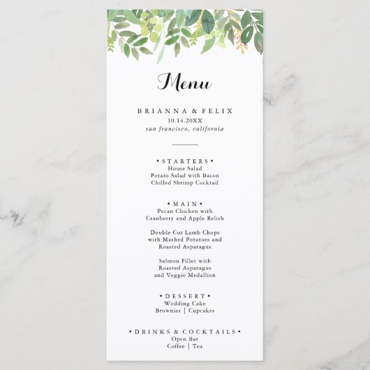 Menu Dîner de calligraphie de feuillage végétal (Devant)