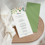Menu Dîner de calligraphie floral vert simple<br><div class="desc">Cette carte simple de menu calligraphie feuillu floral vert est parfaite pour un mariage tropical. Le design présente de beaux roses blancs, roses et blush peints à la main et incrustés dans un feuillage vert, une beauté artistique inspirante. Ce menu peut être utilisé pour une réception de mariage, un dîner...</div>
