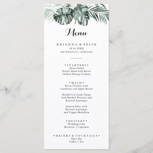 Menu Dîner de calligraphie florale blanche tropicale (Devant)