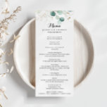 Menu Dîner de calligraphie florale d'or de feuillage ru<br><div class="desc">Cette carte de menu feuillage rustique à la calligraphie florale dorée est parfaite pour un mariage simple. Cette conception artistique présente des feuilles d'or dessinées à la main et des feuilles d'aquarelle vert d'eucalyptus, une beauté naturelle inspirante. Cette carte menu peut être utilisée pour une réception de mariage, un dîner...</div>