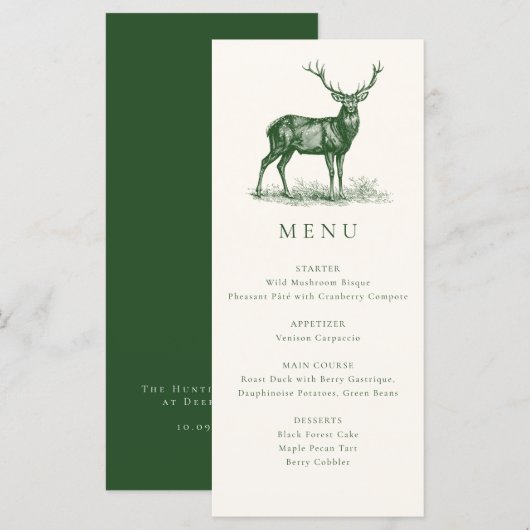 Menu Dîner de chasse vert cerf daim rustique élégant d' (Devant / Derrière)