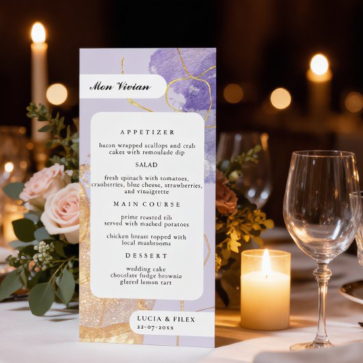 Menu Dîner de luxe violet et or abstrait avec nom des i