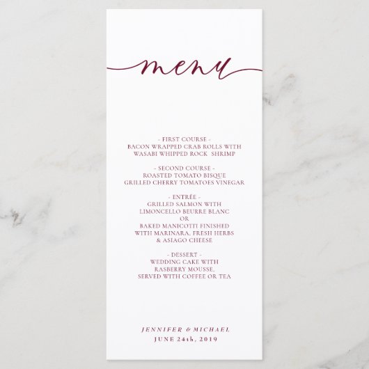 Menu Dîner de mariage à écriture simple blanc Bourgogne (Devant)