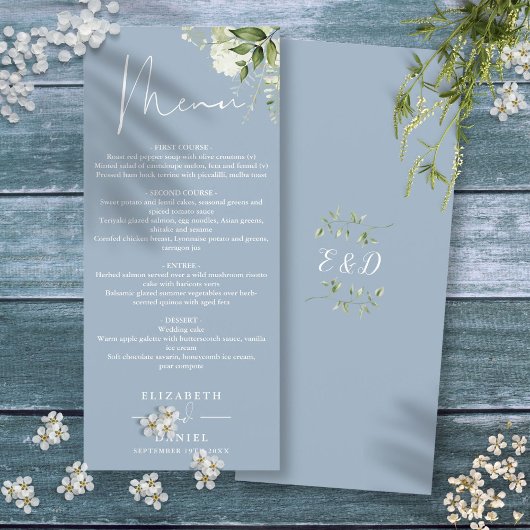 Menu Dîner de mariage au monogramme de verdure florale
