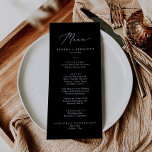 Menu Dîner de Mariage de calligraphie noire en blanc<br><div class="desc">Ce blanc délicat sur calligraphie noire carte de menu mariage est parfait pour un mariage moderne. Le design minimaliste romantique présente une belle et élégante typographie blanche sur un arrière - plan noir au look épuré et simple. Ce menu peut être utilisé pour une réception de mariage, un dîner de...</div>