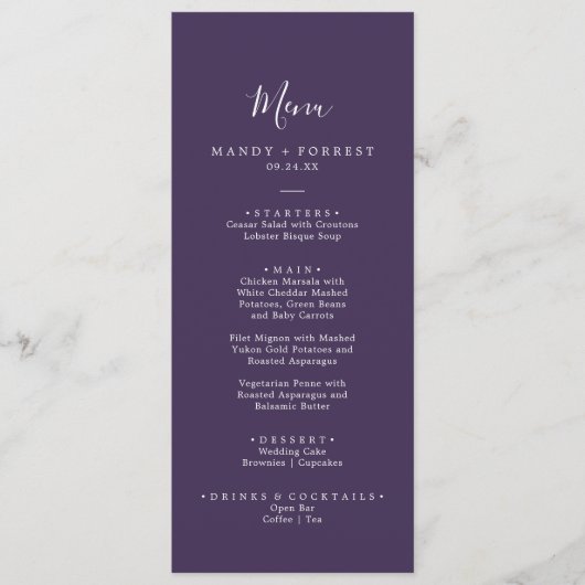 Menu Dîner de Mariage de prune de coordonnées rustiques (Devant)