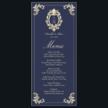 Menu Dîner de Mariage d'or bleu marine baroque<br><div class="desc">Élégant menu mariage baroque bleu marine et or avec monogramme victorien vintage, parfums ornés et touches de cadre classique. Parfait pour une réception de luxe, ce modèle à la carte à double face propose un choix raffiné de plats à l'allure intemporelle. Coordonné avec la suite marine baroque complète et faire-part...</div>