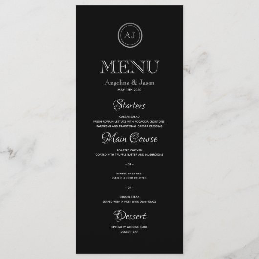 Menu Dîner de mariage minimaliste noir élégant (Devant)