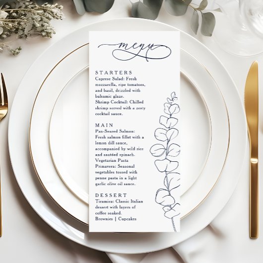 Menu Dîner de mariage moderne eucalyptus bleu marine et