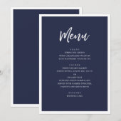 Menu Dîner de mariage moderne Navy. Simple bleu minimal (Devant / Derrière)