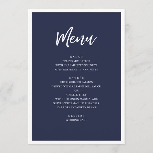 Menu Dîner de mariage moderne Navy. Simple bleu minimal (Devant)