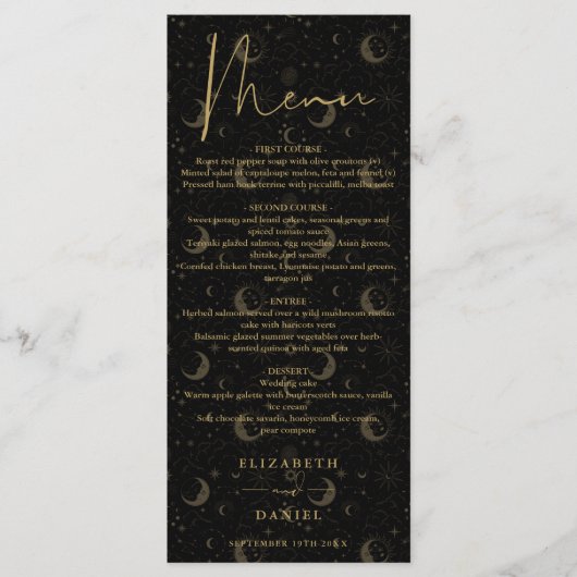 Menu Dîner de mariage noir et or mystique céleste (Devant)