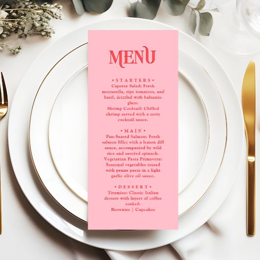 Menu Dîner de mariage rétro moderne rose et rouge