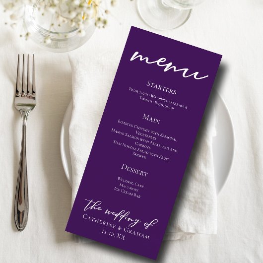 Menu Dîner de Mariage Royal Purple White Typography